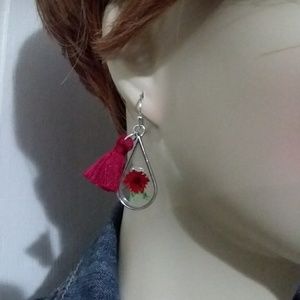 RED daisy Dreams. REAL flowers dangly earrings!